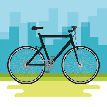 bicycle vehicle with cityscape background vector illustration design