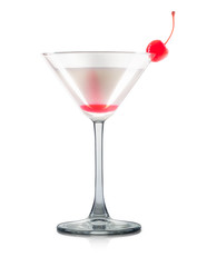 Mimosa cocktail or mocktail in martini glass with strawberry and grenadine syrup isolated on white background. Clipping path