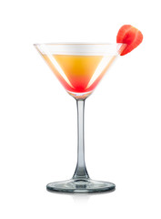 Mimosa cocktail or mocktail in martini glass with strawberry and grenadine syrup isolated on white background. Clipping path