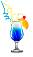 Blue curacao cocktail or mocktail in classic glass with orange, cherry and color tubes isolated on white background. Clipping path