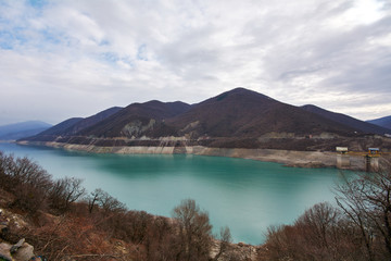 Landscape of Zhinvali reservoir lake landscape with mountains . 