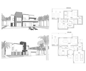 3d sketch of a modern private building with a terrace, facade and back yard view surrounded by palm trees. Floor plan layout blueprint. Illustration