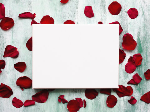 Mockup poster on wooden board with flowers petals. White canvas on stretcher. Romantic background.