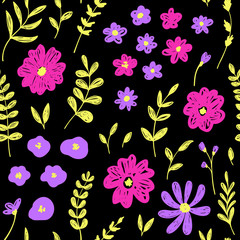 Hand drawn fashion pink floral seamless pattern. Vector doodle background