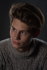 portrait of a beautiful teenager in a gray sweater