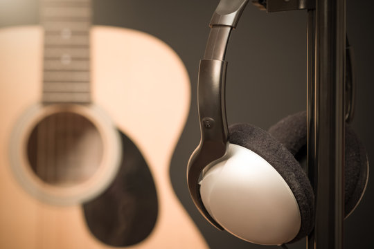 headphone & acoustic guitar, music background