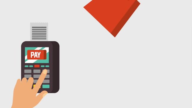 hand with dataphone payment electronic and falling shopping bags animation