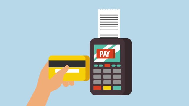 animation hand holds credit card dataphone payment transaction