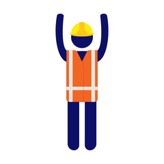 Isolated vector icon pictogram man with yellow helmet and orange high visibility vest raising hands