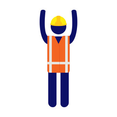 Isolated vector icon pictogram man with yellow helmet and orange high visibility vest raising hands