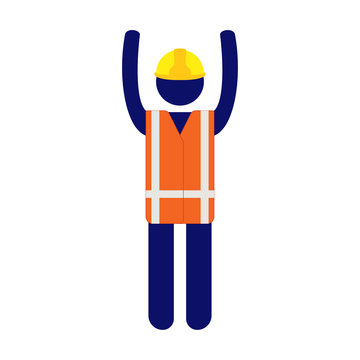Isolated vector icon pictogram man with yellow helmet and orange high visibility vest raising hands