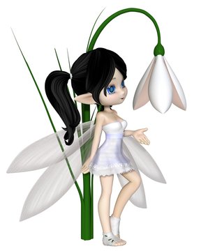 Cute toon dark haired snowdrop fairy in a white snowflake dress standing by a spring snowdrop flower, 3d digitally rendered illustration