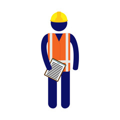 Vector site pictogram man holding checklist in notepad wearing orange high visibility vest and yellow helmet