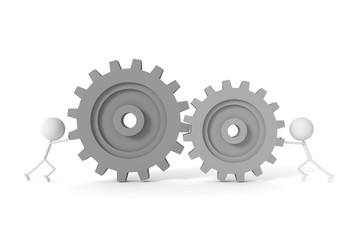 People model and machine gears with teamwork concept. 3D rendering.