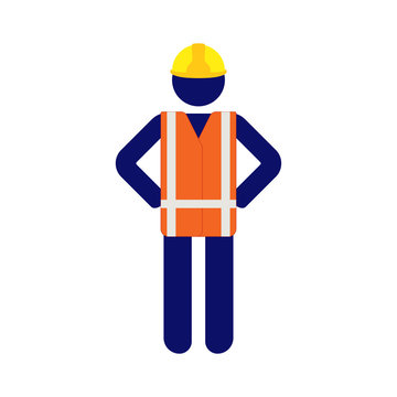 Isolated vector icon pictogram man with yellow helmet and orange high visibility vest put his hands on sides