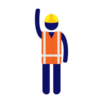 Isolated vector icon pictogram man with yellow helmet and orange high visibility vest raising right hand