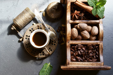Obraz na płótnie Canvas Black coffee with spices