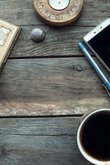 Travel and vacation items on wooden table. Top view