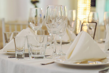 Catering service. Restaurant table with food. Huge amount of food on the table. Plates of food. Dinner time, lunch