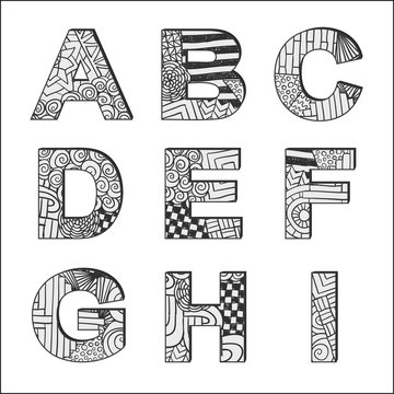 Zentangle doodle alphabet. Letters. Typography. Abstract punctuation marks. 
English alphabet. Typeset.