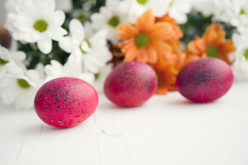 Easter eggs and flowers of a chrysanthemum on a white background, soft focus