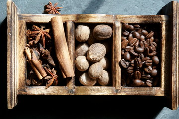 Aromatic spices in small bowls.