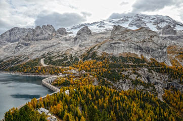 Marmolada massif over the lake Fedaia