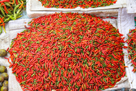 Chili in Bunt auf dem Mae Klong Markt in Thailand