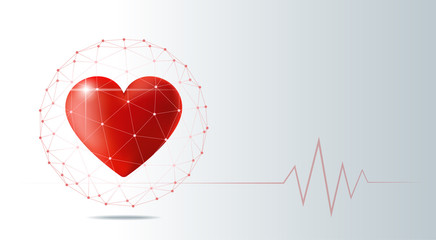 Healthcare concept with red heart protected in polygonal sphere shield , vector , illustration - obrazy, fototapety, plakaty