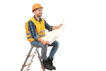 The happy builder with a paper sitting on the ladder on the white background