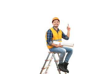 Naklejka premium The builder sitting on the ladder and gesturing on the white background