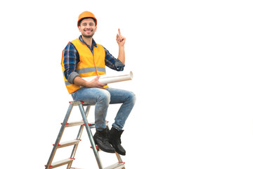 The builder sitting on the ladder and gesturing on the white background