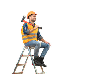 The happy man with an ax sitting on the ladder on the white background