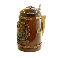 Prague mug of beer decorative wooden with lid on white background