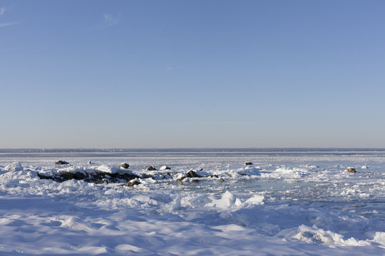 frozen harbor in long island, new york