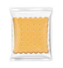 Mockup of transparent pillow bag with cookie. Vector illustration on white background. Can be use for template your design, promo, adv. EPS10