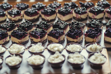 different types of sweet dessert on board, patisserie, healthy cakes