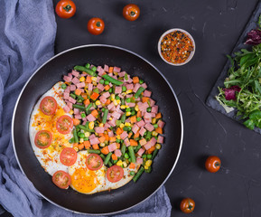 Fried eggs in iron pan