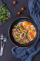 Fried eggs in iron pan