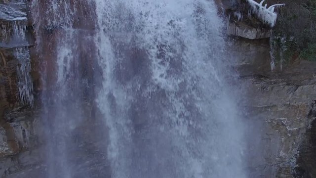 4k Aerial Snow Tennessee Waterfall Hover 003 Close High