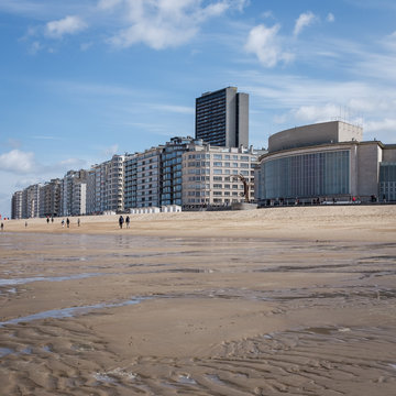 View on Casino Kursaal building from beach of Oostende in Belgium