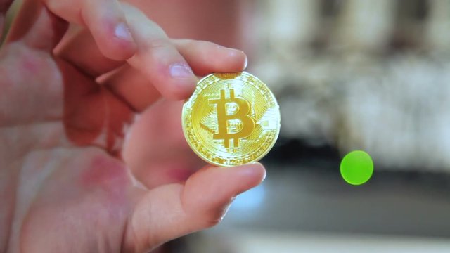 Crop shot of hand showing souvenir golden bitcoin working on mining farm.
