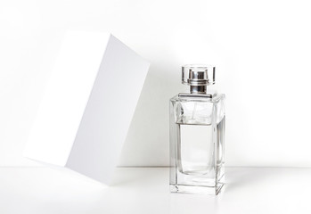 Perfume bottle mock up, fragrance spray and white box