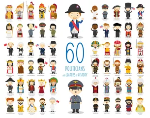 Kids Vector Characters Collection: Satz von 60 relevanten Politikern und Führern der Geschichte im Cartoon-Stil. © asantosg