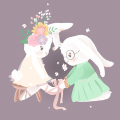 Cute bunny ballerina, princess, girl with floral, flower wreath, bouquet and her rabbit grandmother in glasses and dress
