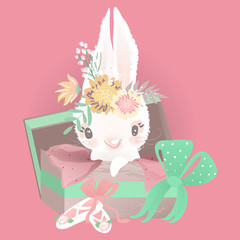 Cute bunny princess, girl in a gift box with tied bow in flower wreath, floral bouquet and ballet shoes