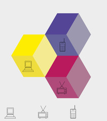 infographic/The figure depicts an infographic of dice on three points. Infographics with text in yellow, blue and pink colors.
