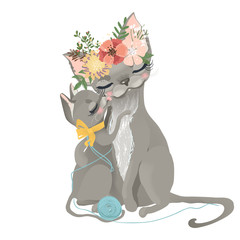 Cute mother cat, kitty in flowers, floral wreath, bouquet, yarn balls and tied bow with her kitten