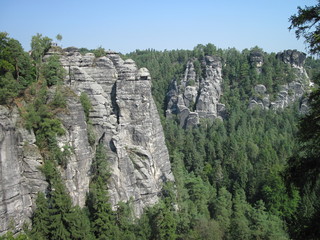 Fototapeta na wymiar View of the rock formations at Bastei - Saxon Switzerland National Park near Dresden, Germany, Europe