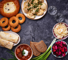 Traditional Russian dishes, sweets and vodka 